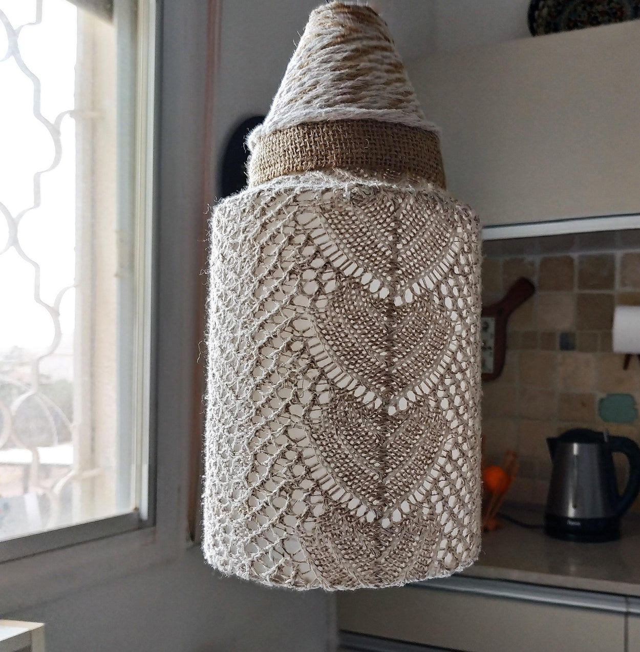 Unique handmade table lamp and a lampshade made of lace fabric - GLEZANT designer goods store.