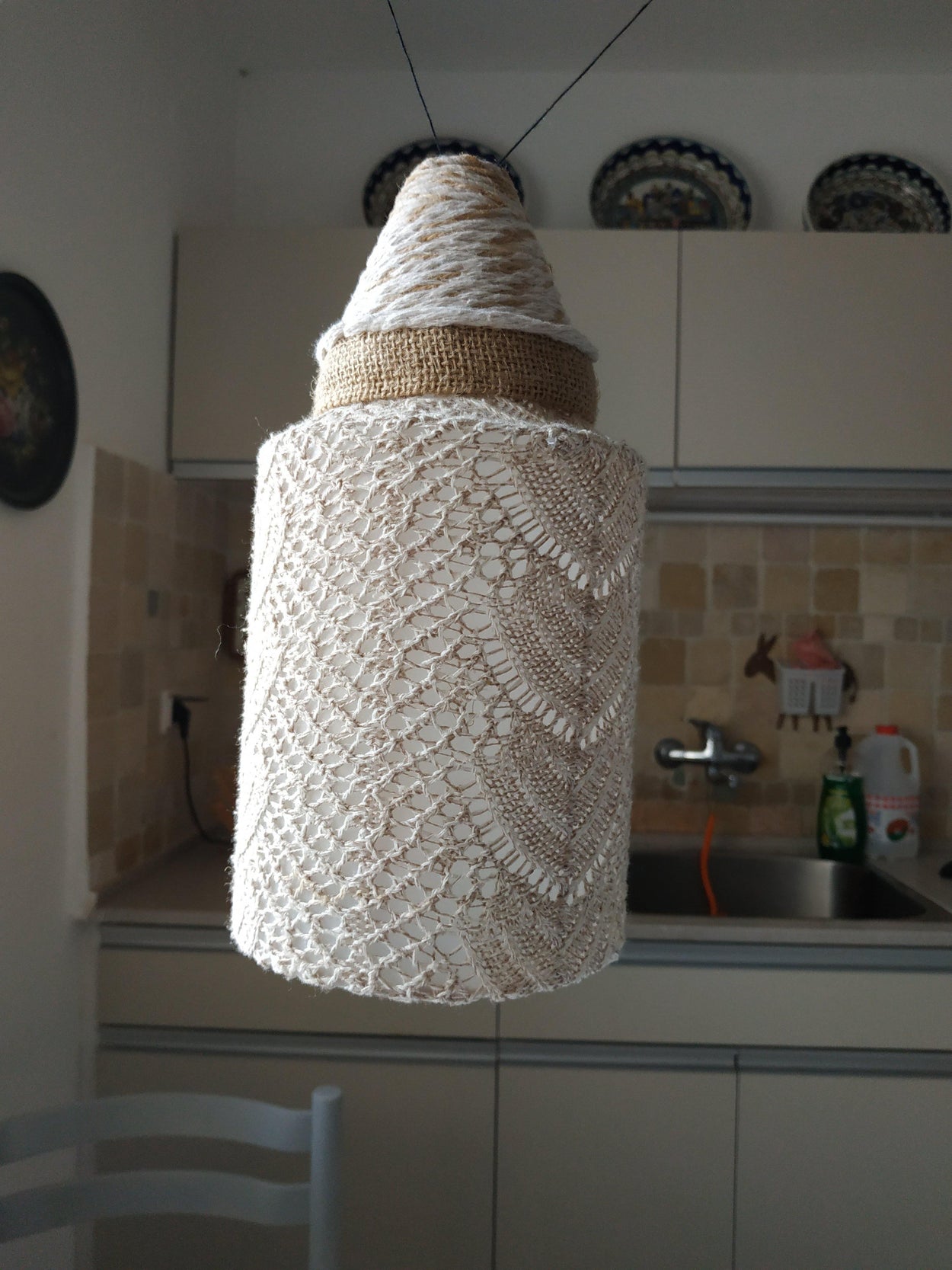 Unique handmade table lamp and a lampshade made of lace fabric - GLEZANT designer goods store.