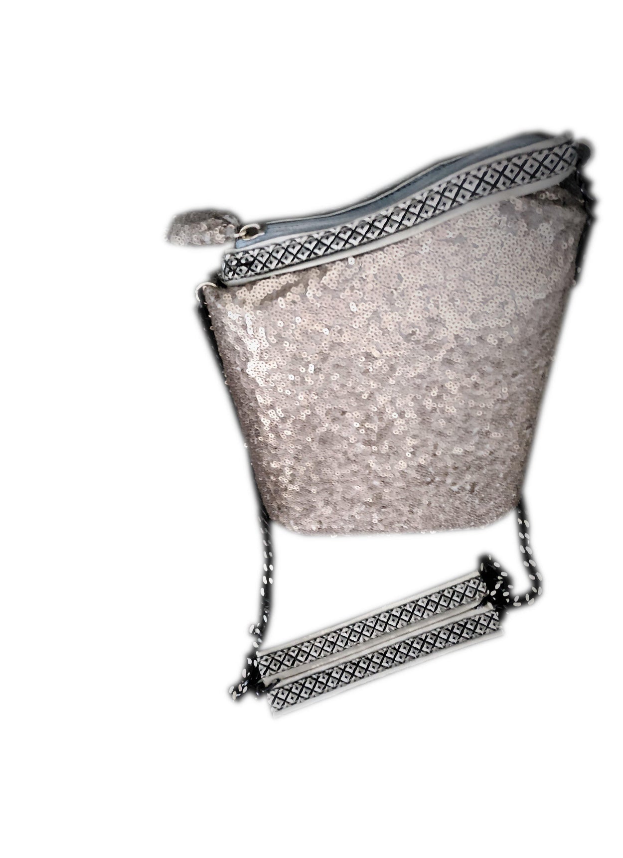 Exclusive handmade silver asymmetric box-bag has sequins on - GLEZANT designer goods store.