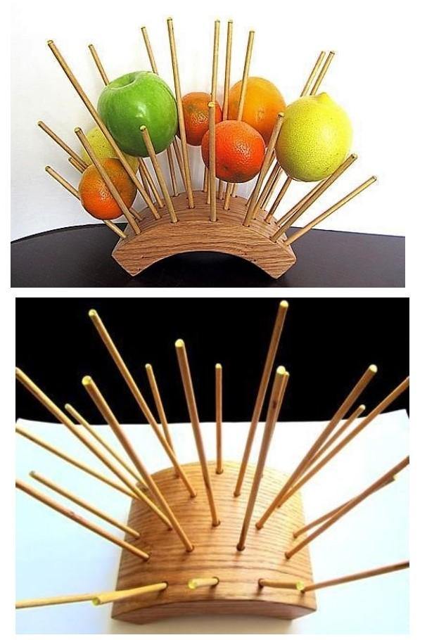 Unique wooden fruit holder where each fruit hangs in the air - GLEZANT designer goods store.