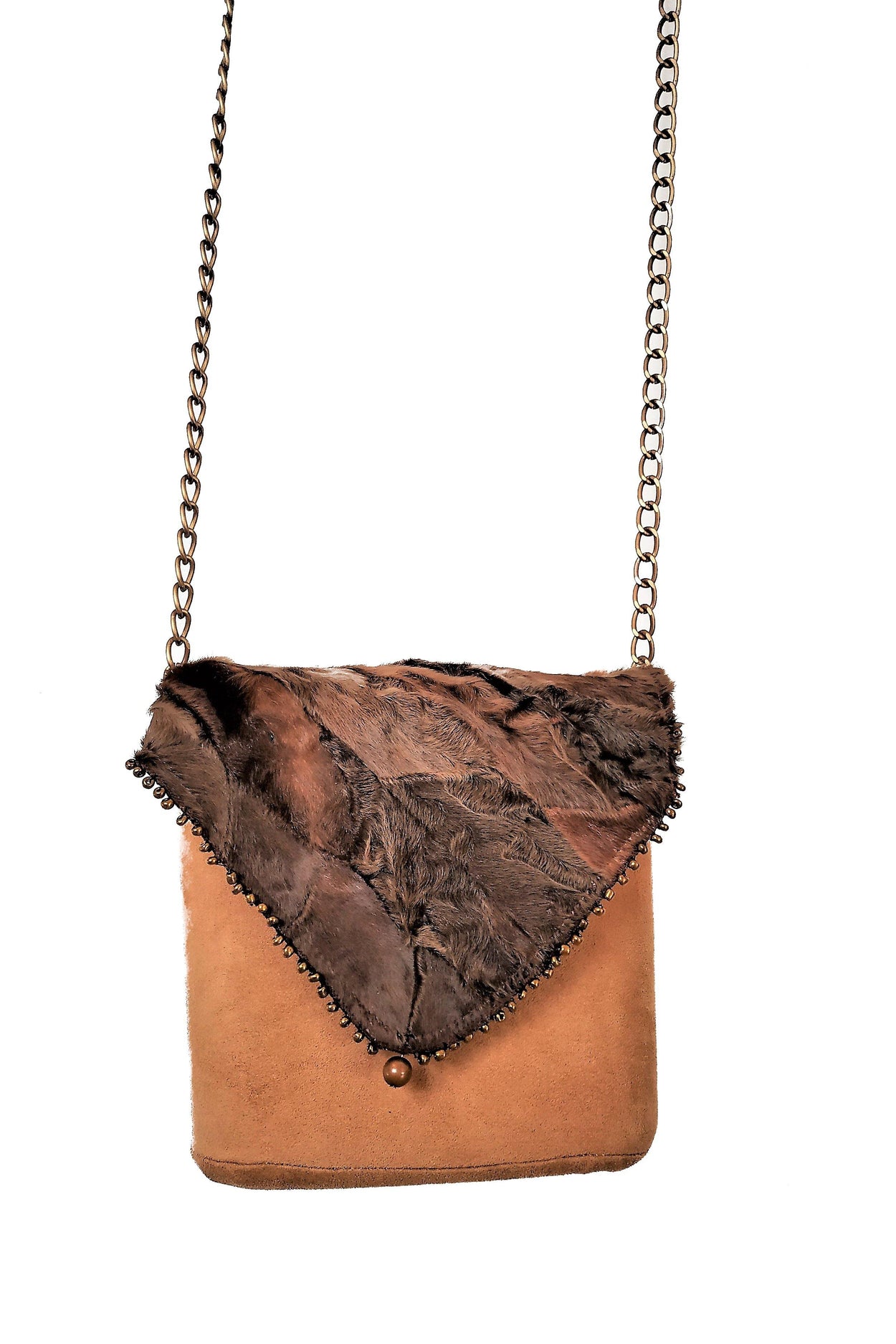 Exclusive beige handmade suede box-bag with fur and a long handle - GLEZANT designer goods store.