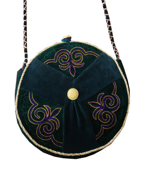 Exclusive dark green round ethno style bag with a long handle - GLEZANT designer goods store.