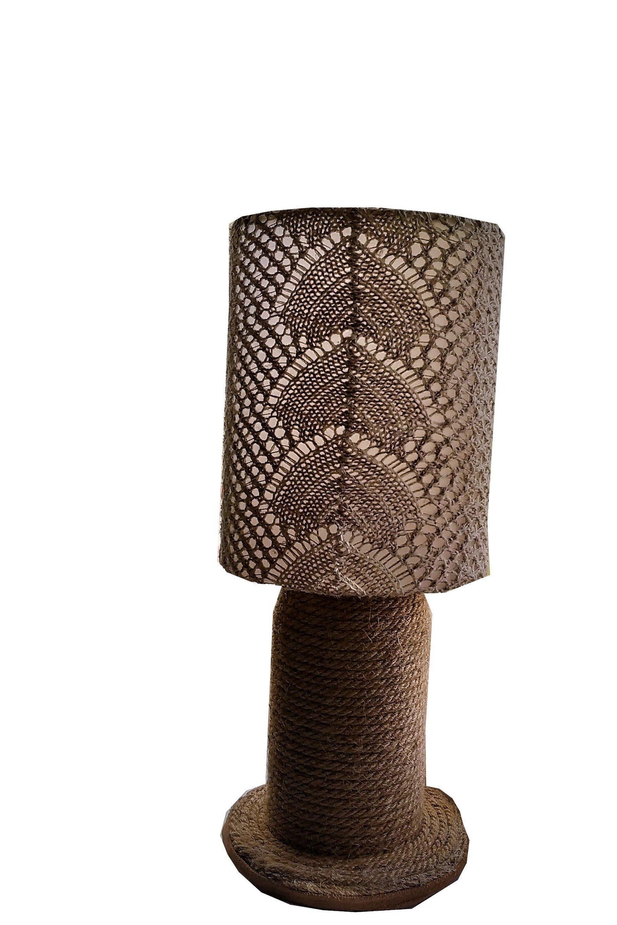 Unique handmade table lamp and a lampshade made of lace fabric - GLEZANT designer goods store.