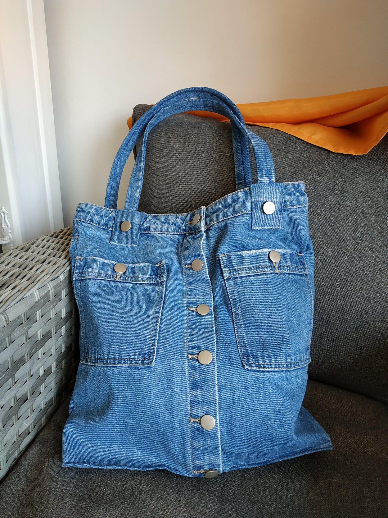 Denim tote bag with two outer and two inner pockets - GLEZANT designer goods store.