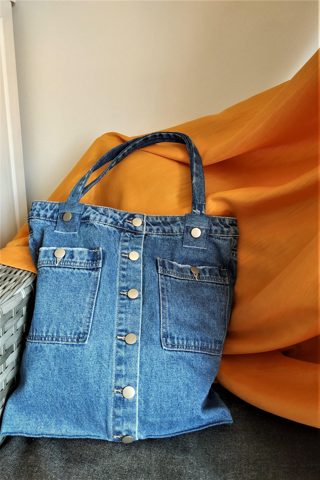 Denim tote bag with two outer and two inner pockets - GLEZANT designer goods store.