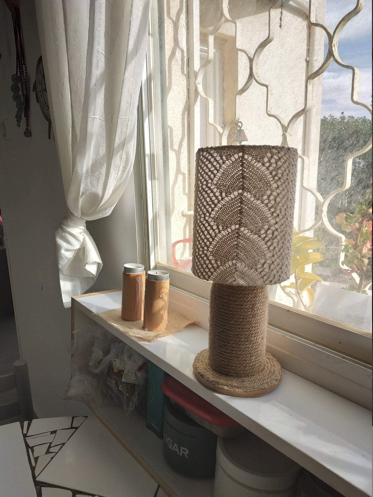 Unique handmade table lamp and a lampshade made of lace fabric - GLEZANT designer goods store.
