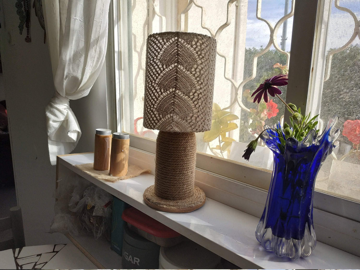 Unique handmade table lamp and a lampshade made of lace fabric - GLEZANT designer goods store.