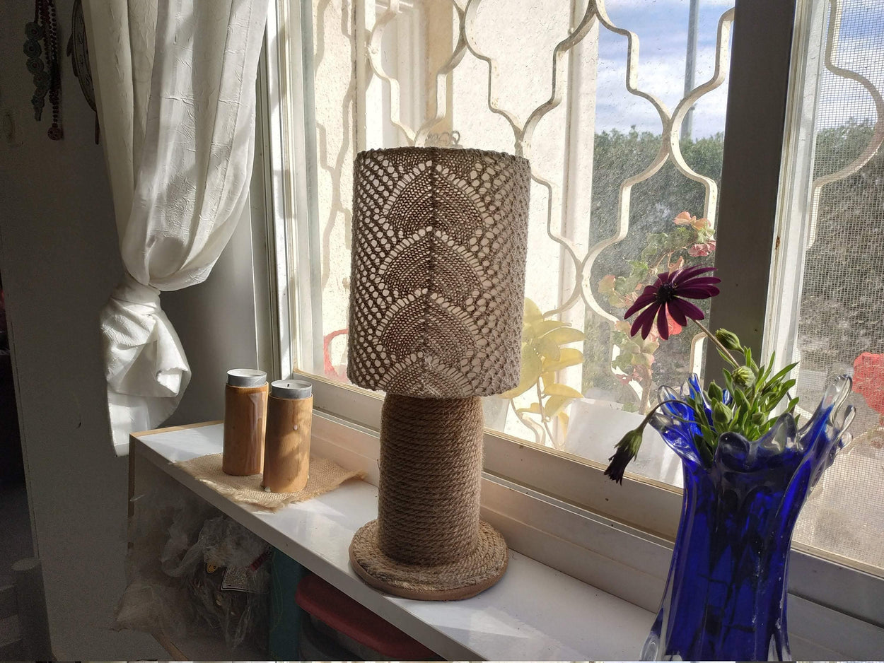 Unique handmade table lamp and a lampshade made of lace fabric - GLEZANT designer goods store.