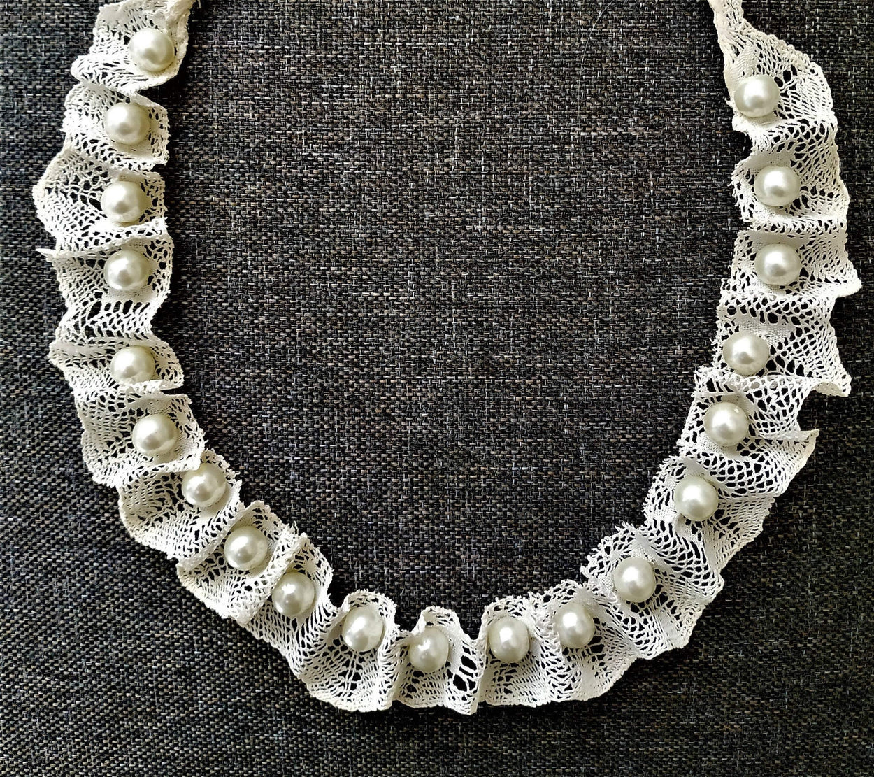 Necklace made of an antique cotton lace and artificial white pearls. - GLEZANT designer goods store.