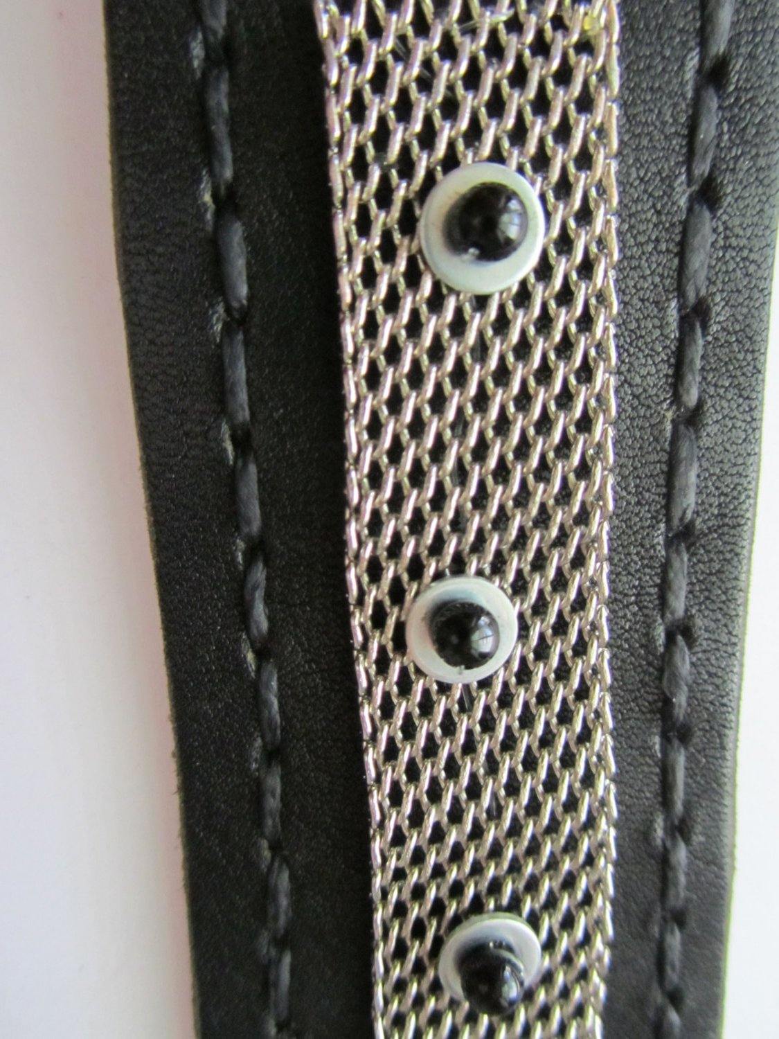 Black leather bracelet decorated with chainmail and white metallic disc with black stone beads on them. Closure - strap with velcro. - GLEZANT designer goods store.