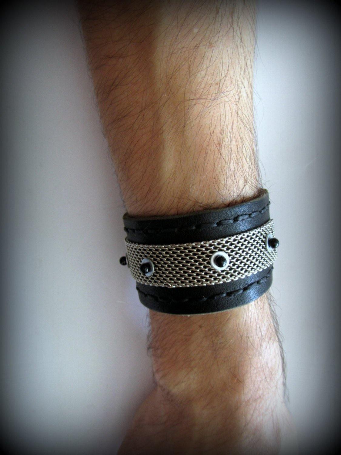 Black leather bracelet decorated with chainmail and white metallic disc with black stone beads on them. Closure - strap with velcro. - GLEZANT designer goods store.