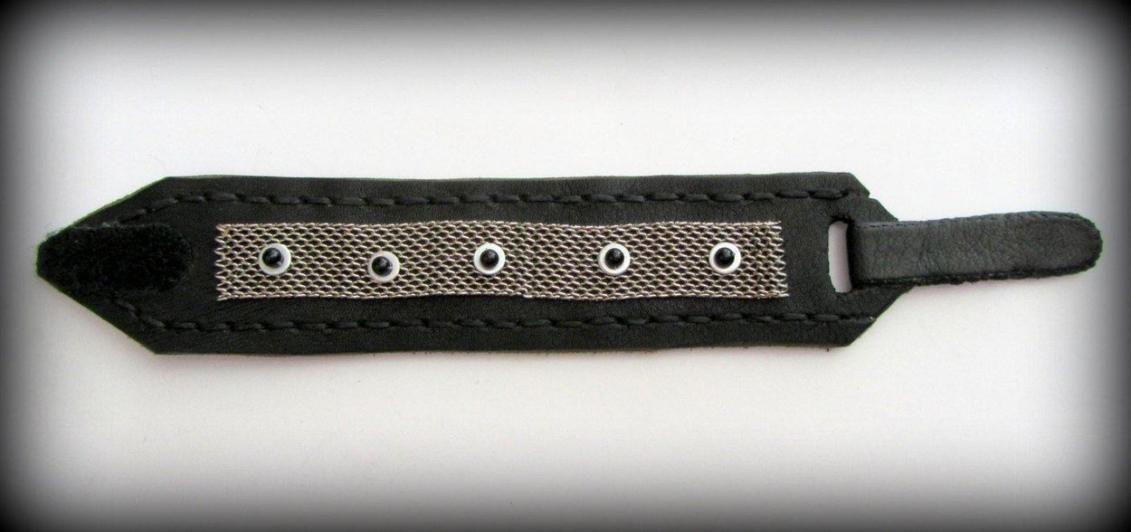 Black leather bracelet decorated with chainmail and white metallic disc with black stone beads on them. Closure - strap with velcro. - GLEZANT designer goods store.
