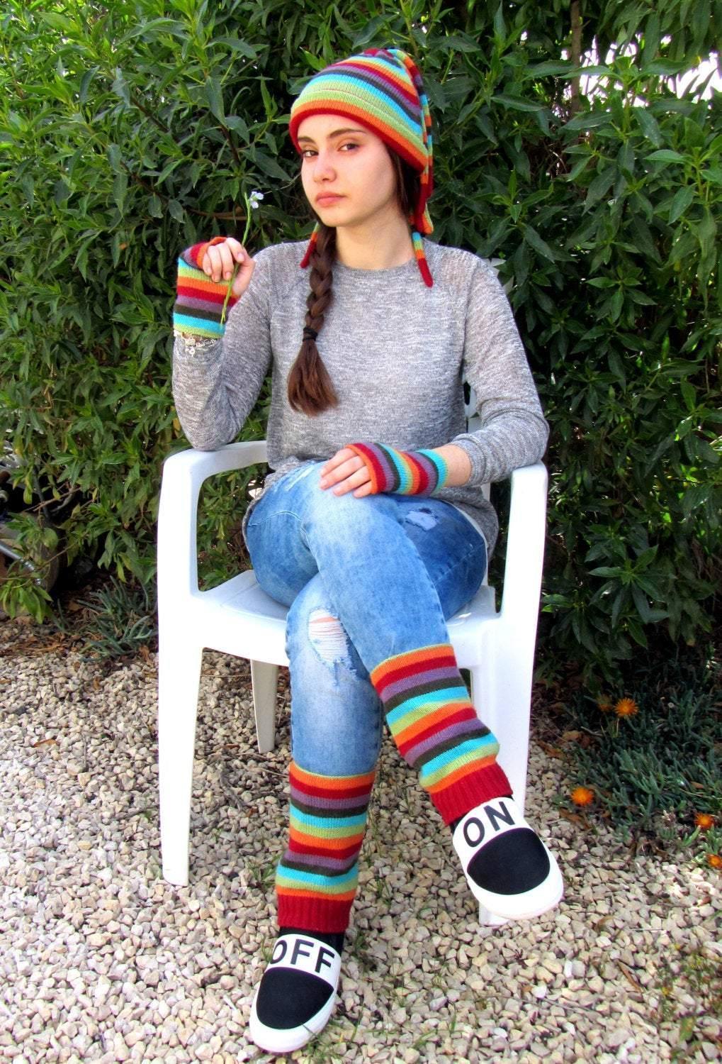 Striped Knitted set: a beanie cap, fingerless gloves and gaiters - GLEZANT designer goods store.