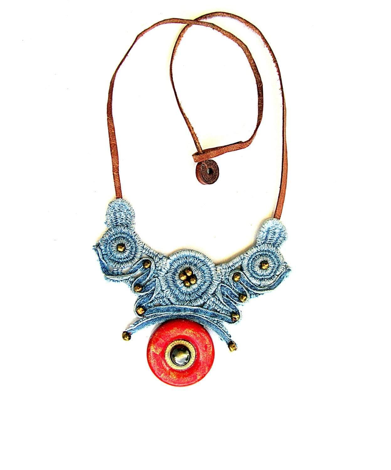 Necklace made of denim lace with a special coating for allergy sufferers and hot climates - GLEZANT designer goods store.