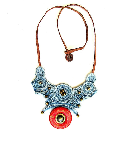 Necklace made of denim lace with a special coating for allergy sufferers and hot climates - GLEZANT designer goods store. 