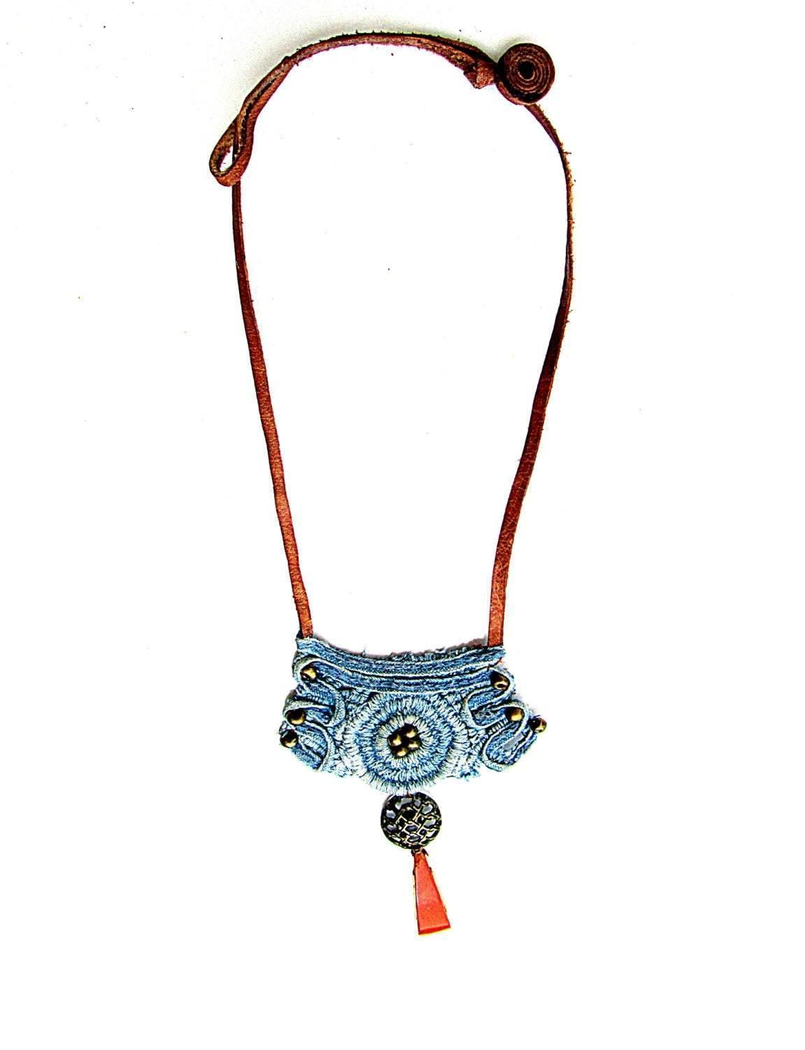 Necklace made of denim lace with a special coating for allergy sufferers and hot climates - GLEZANT designer goods store.