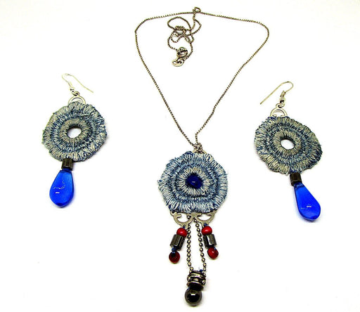 Set: Pendant and earrings made of lace denim with Czech glass and magnesite - GLEZANT designer goods store.