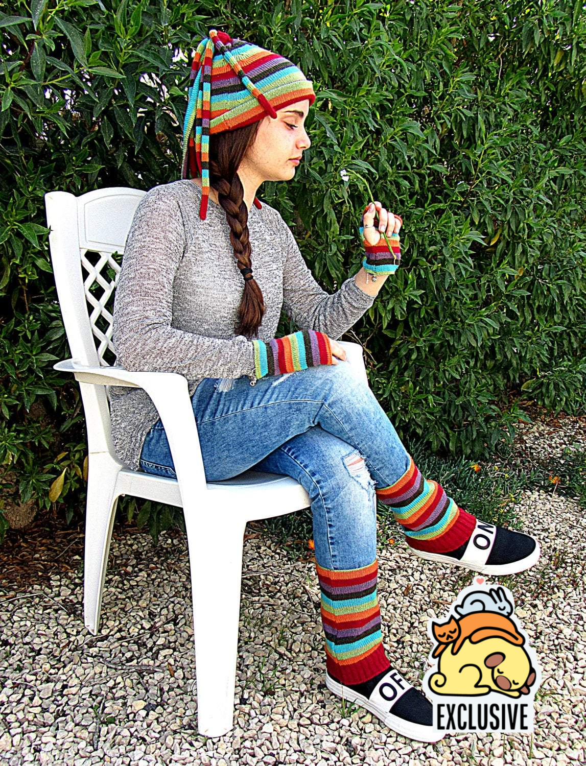 Striped Knitted set: a beanie cap, fingerless gloves and gaiters - GLEZANT designer goods store.