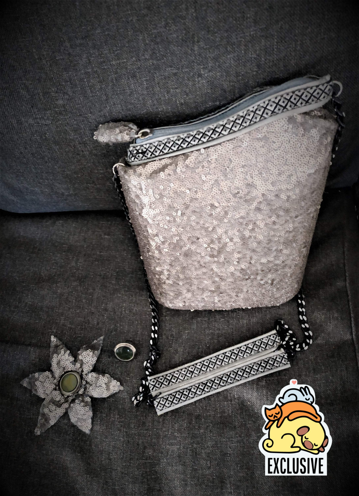 Exclusive handmade silver asymmetric box-bag has sequins on - GLEZANT designer goods store.