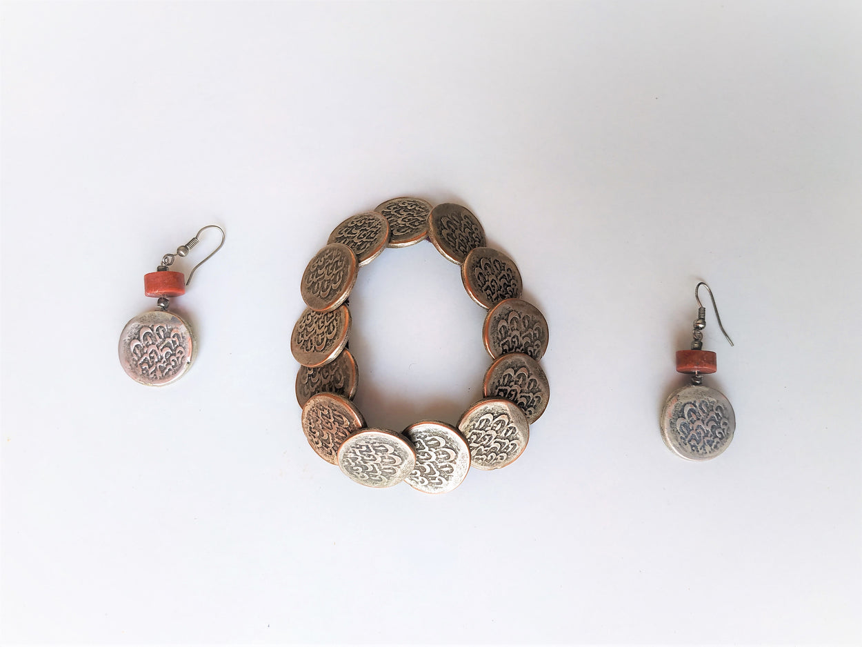 Handmade set of "old coins". Earrings with coral and bracelet