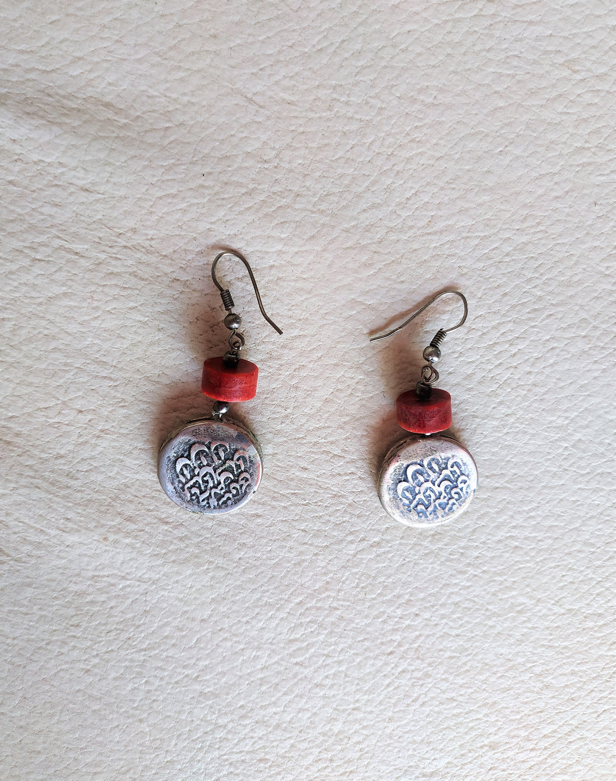 Handmade set of "old coins". Earrings with coral 