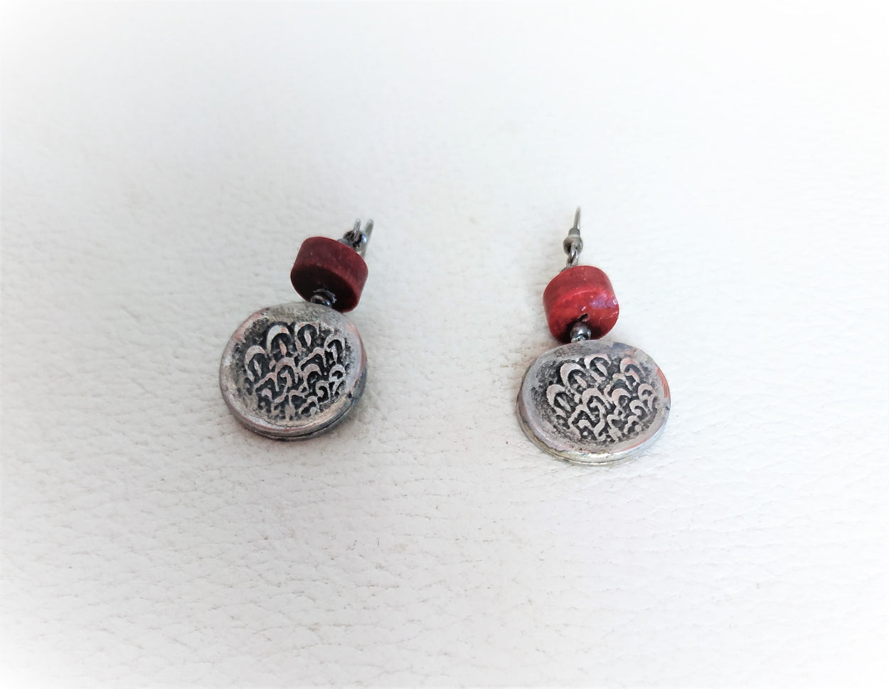 Handmade set of "old coins". Earrings with coral 
