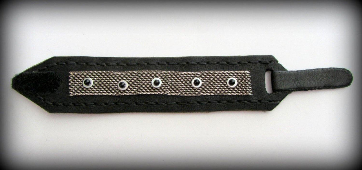 Black leather bracelet decorated with chainmail and white metallic disc with black stone beads on them. Closure - strap with velcro. - GLEZANT designer goods store. 
