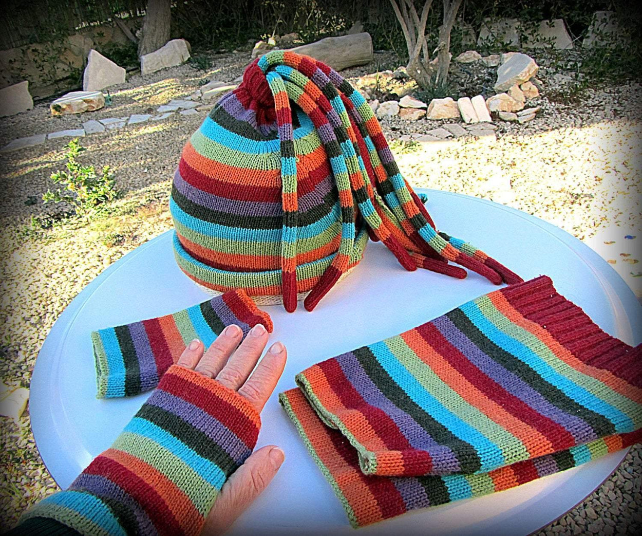 Striped Knitted set: a beanie cap, fingerless gloves and gaiters - GLEZANT designer goods store. 