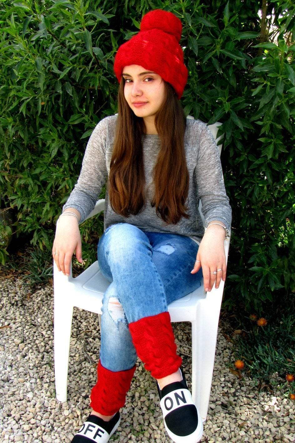 Knitted red set: a pom-pom cap and fingerless gloves/gaiters - GLEZANT designer goods store. 