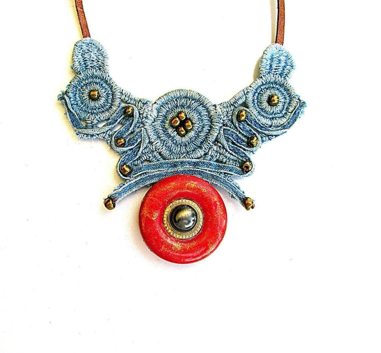 Necklace made of denim lace with a special coating for allergy sufferers and hot climates - GLEZANT designer goods store. 