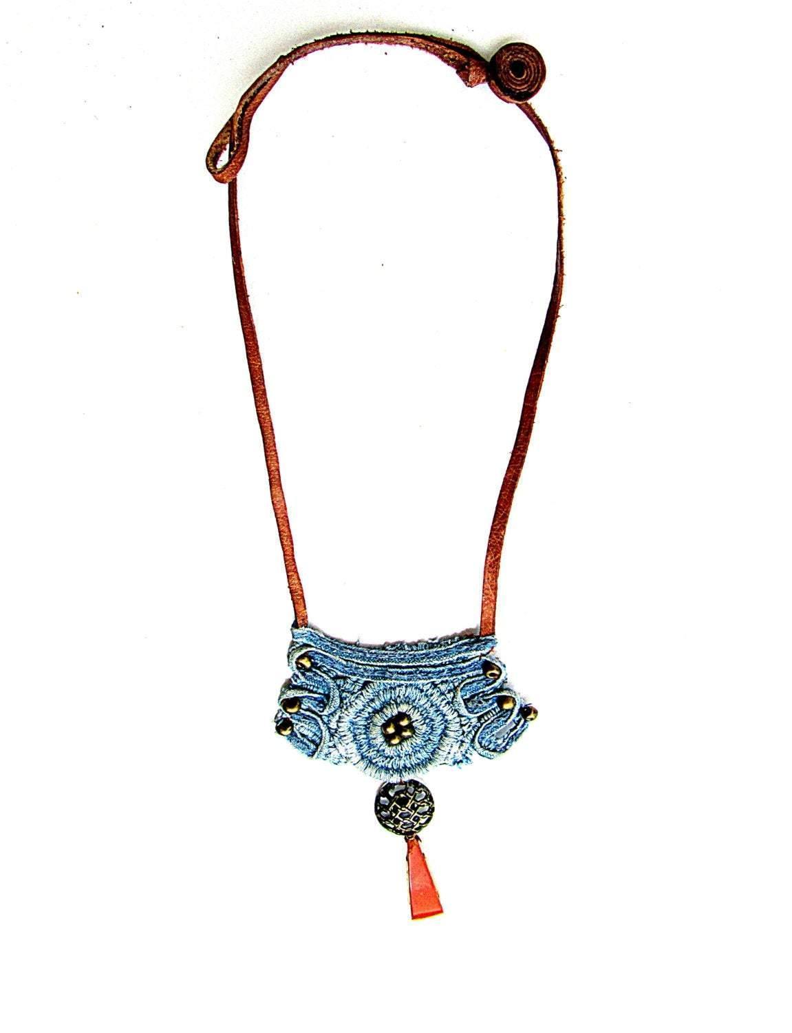 Necklace made of denim lace with a special coating for allergy sufferers and hot climates - GLEZANT designer goods store. 