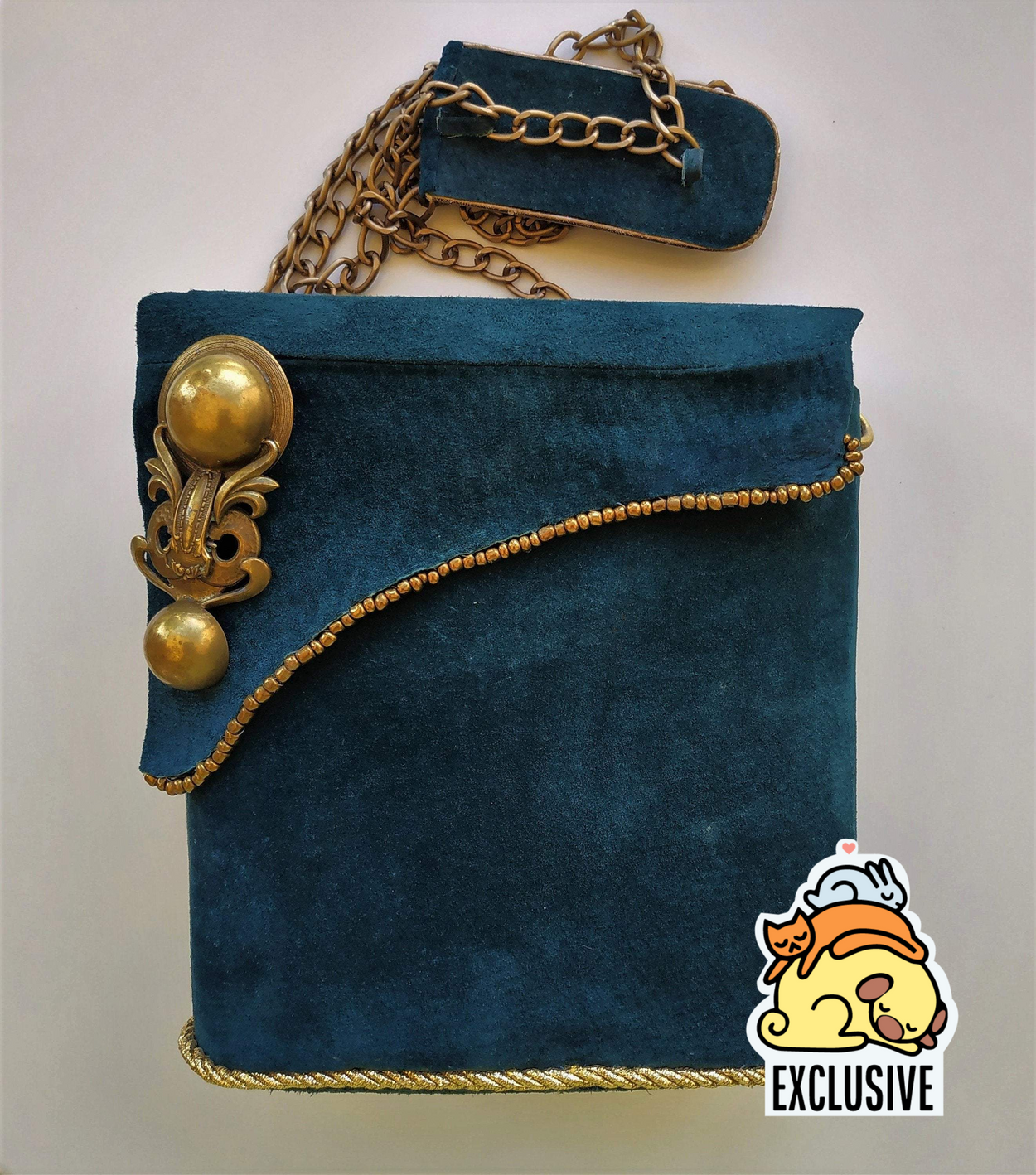 Exclusive Suede sea-green box-bag with a long chain handle - GLEZANT designer goods store. 