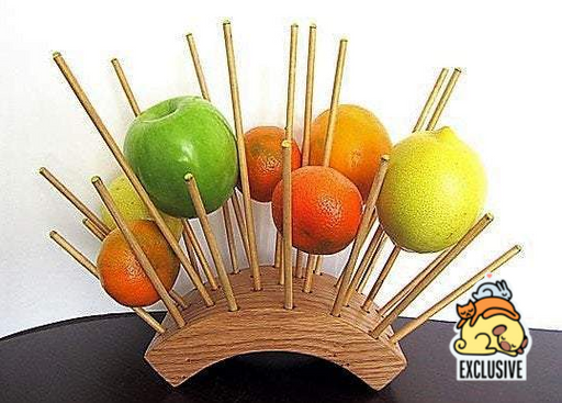 Unique wooden fruit holder where each fruit hangs in the air - GLEZANT designer goods store. 