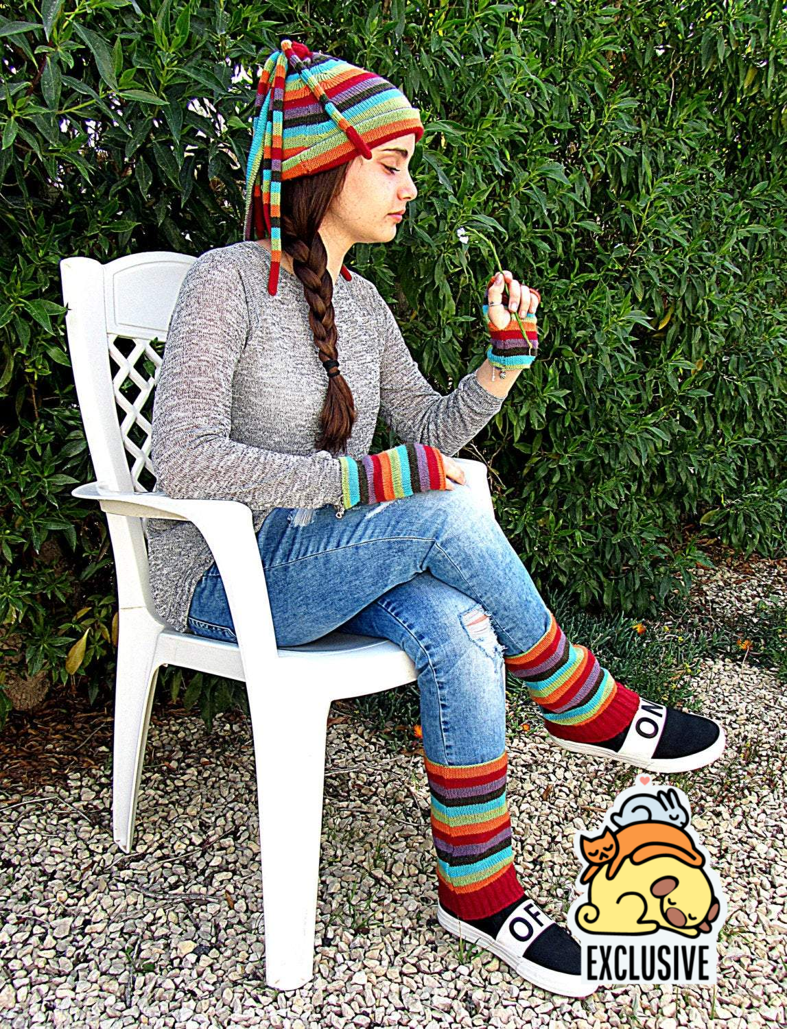 Striped Knitted set: a beanie cap, fingerless gloves and gaiters - GLEZANT designer goods store. 