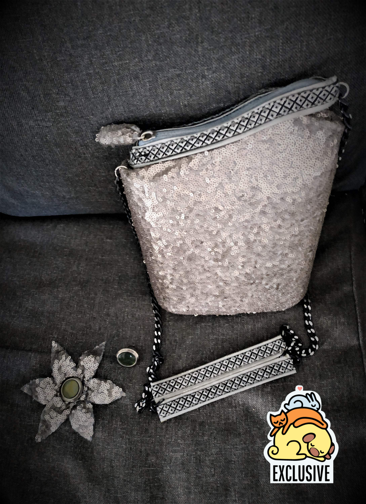 Exclusive handmade silver asymmetric box-bag has sequins on - GLEZANT designer goods store. 